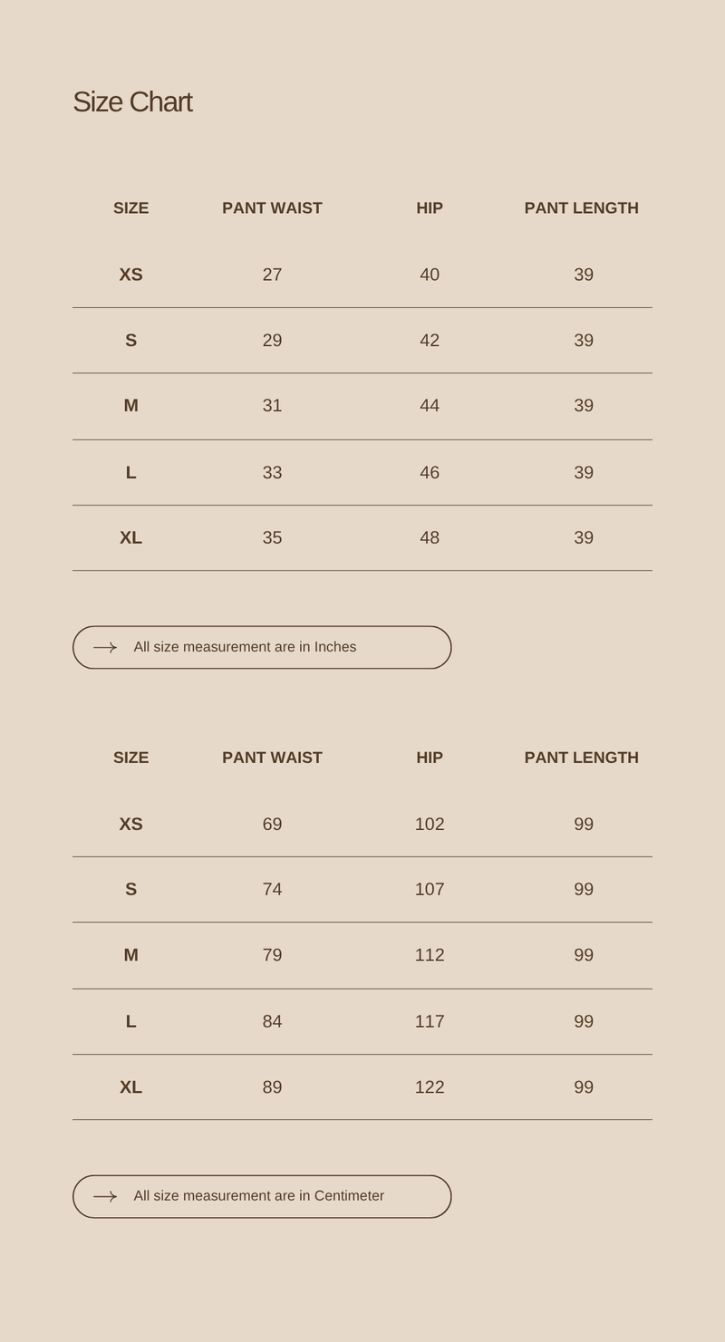 Size chart for White Barrel Pants