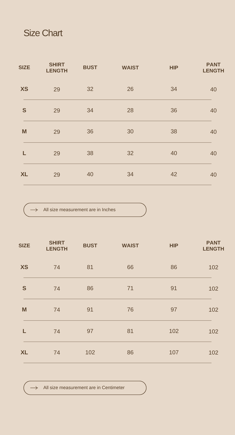 Size chart for Breathing Room Set
