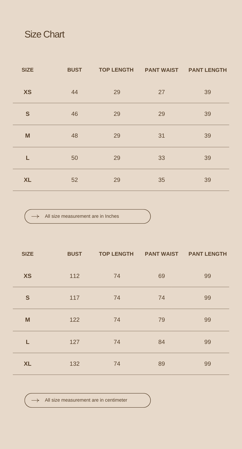 Size chart for Breathing Room Set