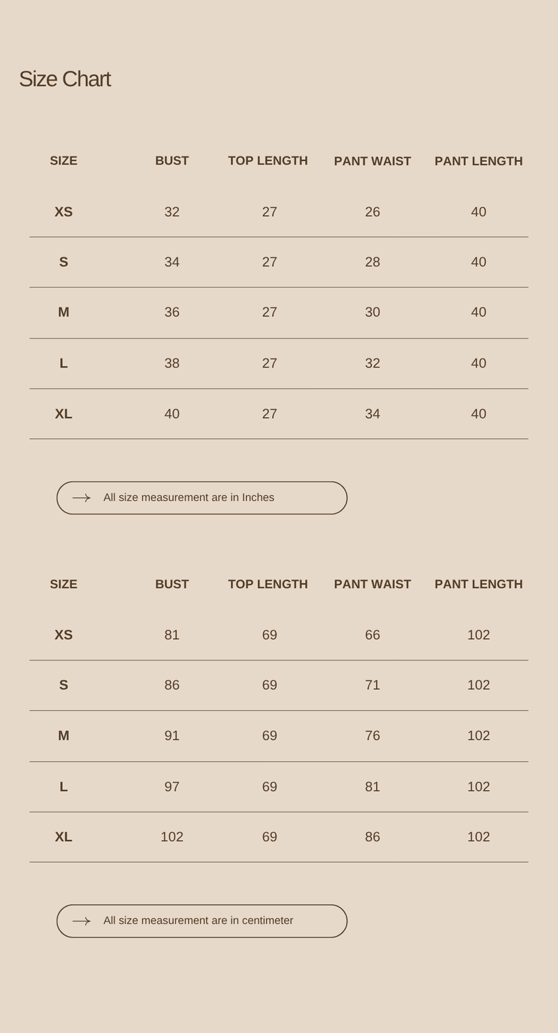 Size chart for Coming Home Top