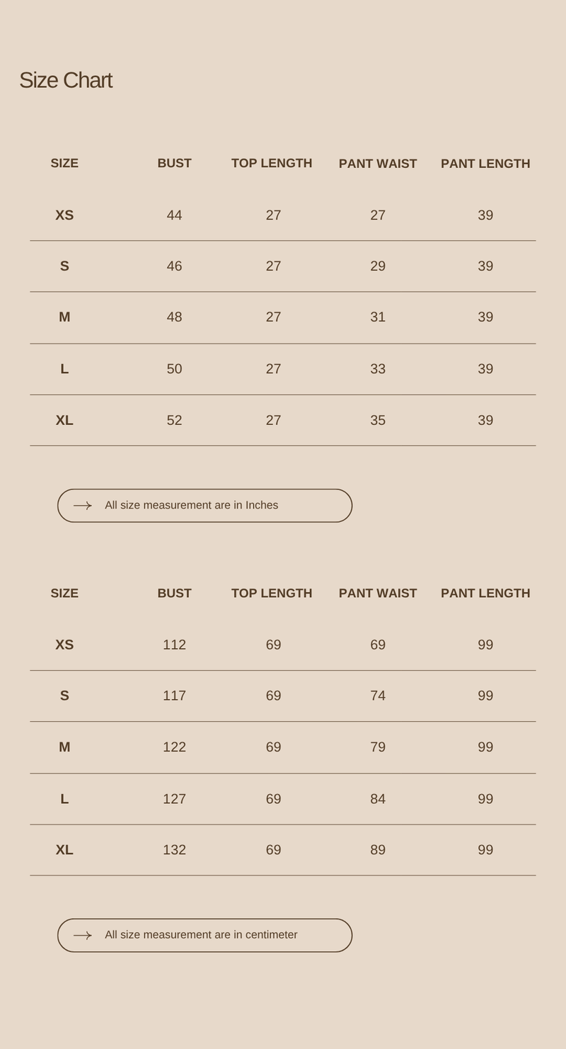 Size chart for Coming Home Set