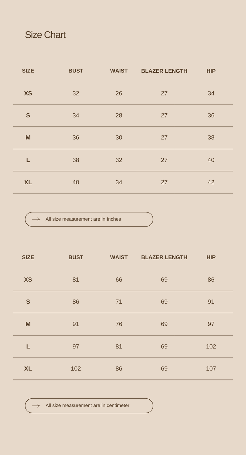 Size chart for Double-Breasted Long Cotton Blazer