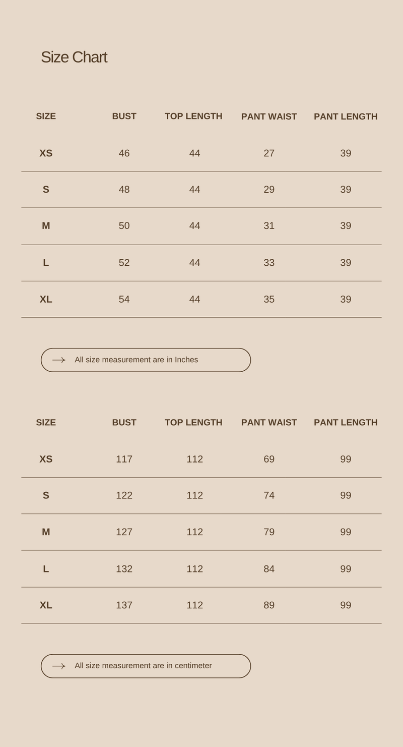 Size chart for The Ease Co-ord Set