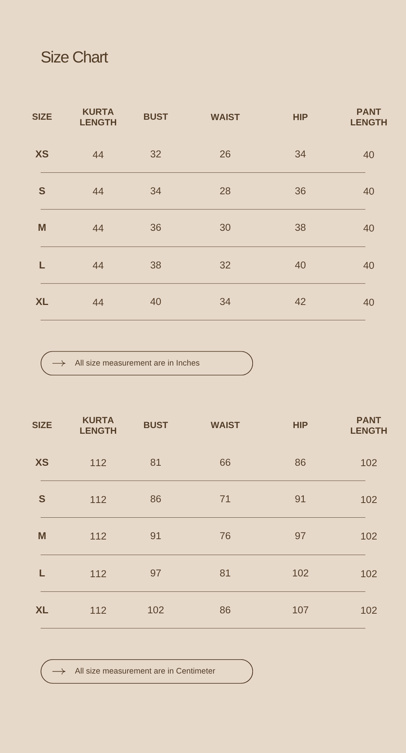 Size chart for The Ease Co-ord Set