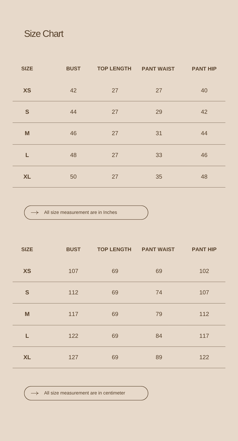 Size chart for The Escape Set - Ruby Heritage Checks