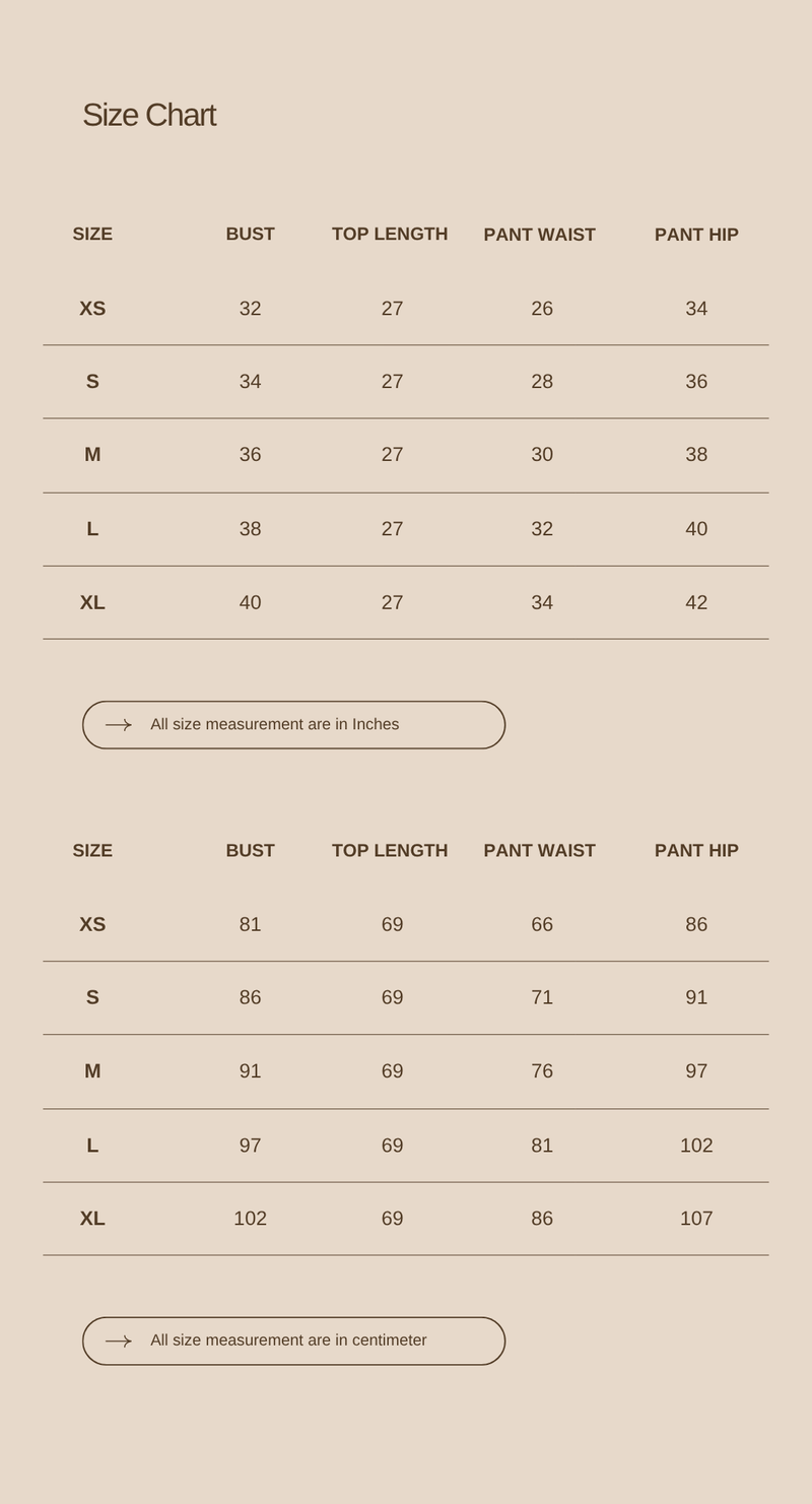 Size chart for Gentle Glow Shirt  – Blush