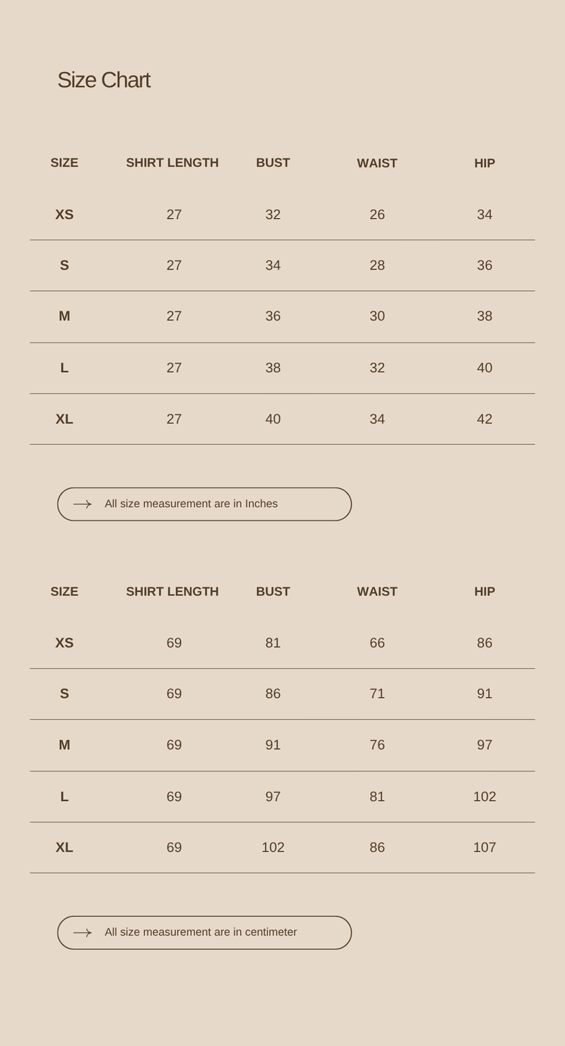 Size chart for The Escape Set