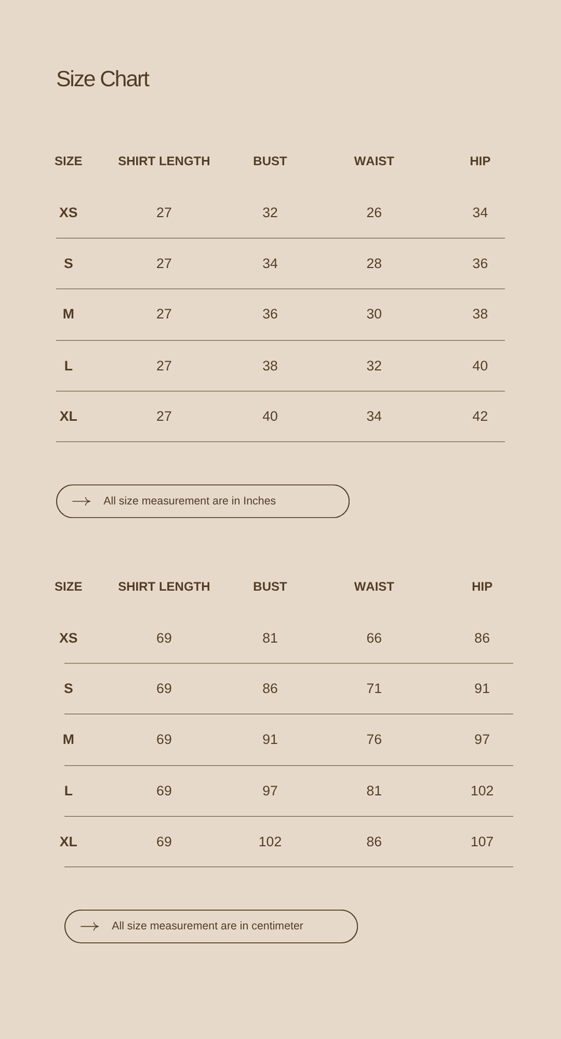Size chart for Blue Check Cotton Shirt