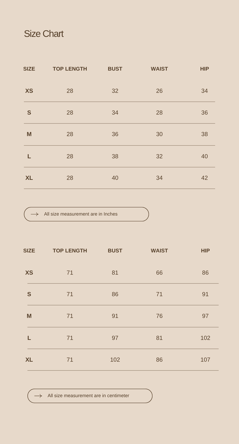Size chart for No Hurry Top