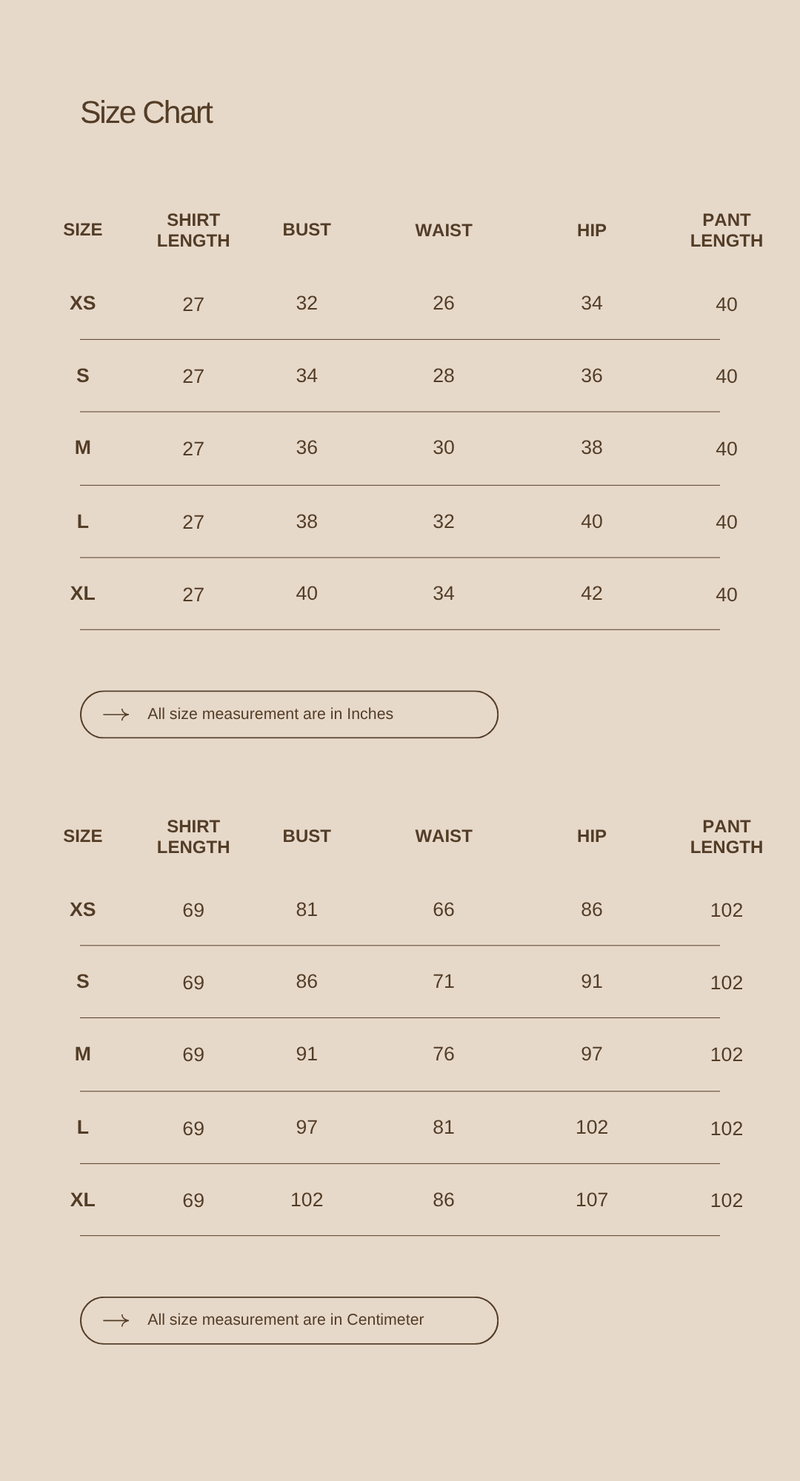 Size chart for The Gentle Glow Co-ord