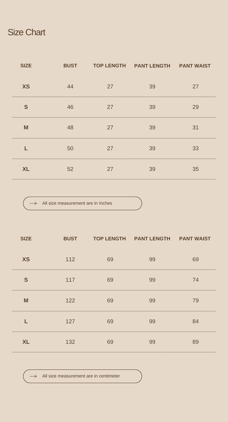 Size chart for Gentle Glow Co-ord – Blush