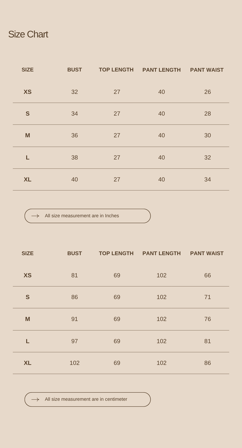 Size chart for Gentle Glow Shirt  – Pearl Blue