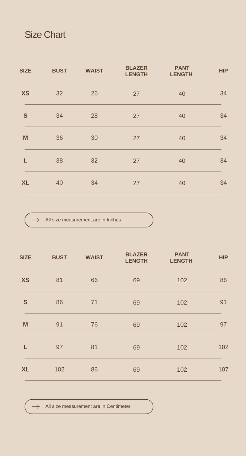 Size chart for In Her Element Set